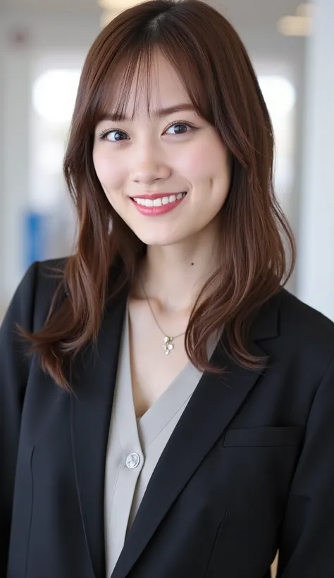 Neat Young Woman、and look at the camera、office lady suit、jacket、shirt、necklace、ear piercing、 pale brown hair、、smile showing teeth、、background is office