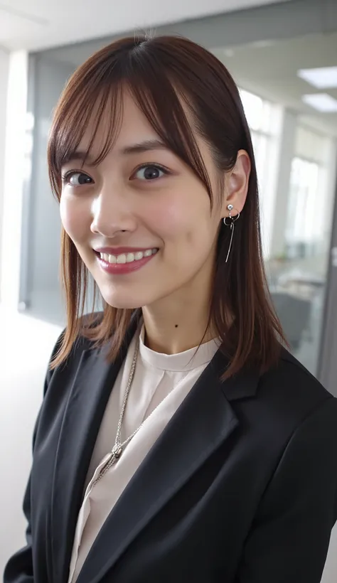 Neat Young Woman、and look at the camera、office lady suit、jacket、shirt、necklace、ear piercing、 pale brown hair、、smile showing teeth、、background is office