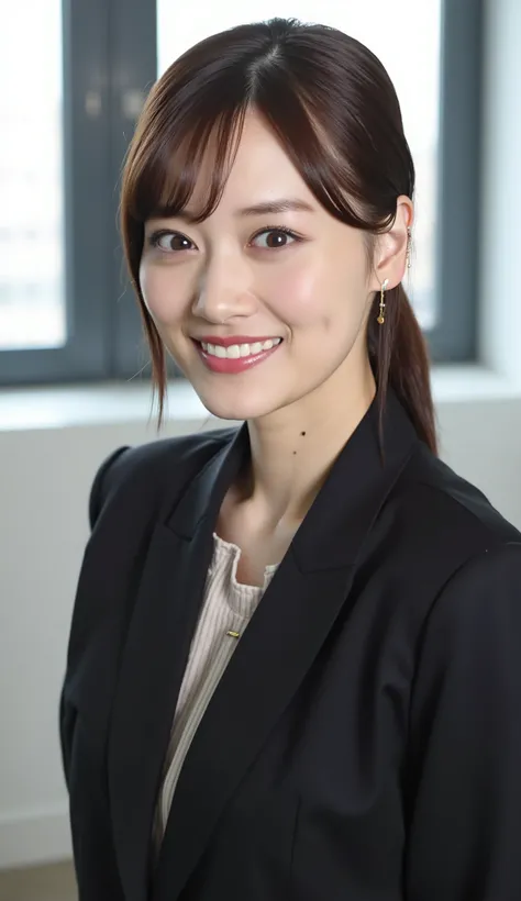 Neat Young Woman、and look at the camera、office lady suit、jacket、shirt、necklace、ear piercing、 pale brown hair、、smile showing teeth、、background is office