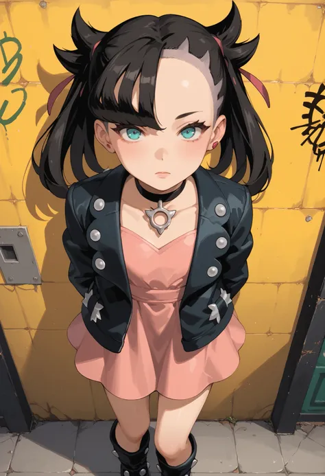 Score_9, score_8_up, score_7_up, score_6_up, source_anime, rating:general, 1girl, Marnie, black hair, twintails, perfect eyes,  aqua eyes, perfect face, pale white skin, flat chest, black jacket, short pink dress boots, slender build, slender legs, dirty a...