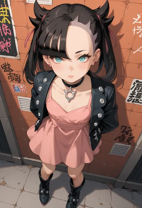 Score_9, score_8_up, score_7_up, score_6_up, source_anime, rating:general, 1girl, Marnie, black hair, twintails, perfect eyes,  aqua eyes, perfect face, pale white skin, flat chest, black jacket, short pink dress boots, slender build, slender legs, dirty a...