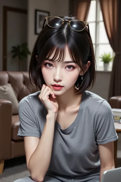 home living room, ((Put glasses on your forehead)), ((doesn't see viewers)),short hair, working on a computer with slender eyes, Foxy face, GREY T-SHIRT, sweatshirt pants , troubled face