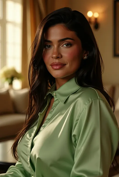 Foto hiperrealista en primer plano de Kylie Jenner , masterpiece, best quality, (photorealistic:1.4), full body, (light green luxury long button-up shirt :1.1), living room, cinematic light, beautiful woman, skinny, large breastsr, straight hair, detailed ...