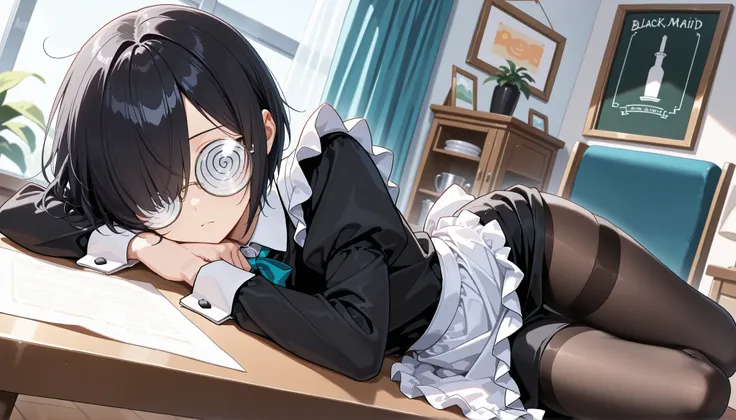 (masterpiece , best quality , high quality ,8k,) solo girl .jitome  round-glasses flat-chests. (black-short-bob-hair. :1.4) (maid-cloth :1.4) skirt. tights (hair over one eye, bangs, long bangs, :1.4) Remove Coke-bottle glasses, (Swirl lens:1.1)  , morning...