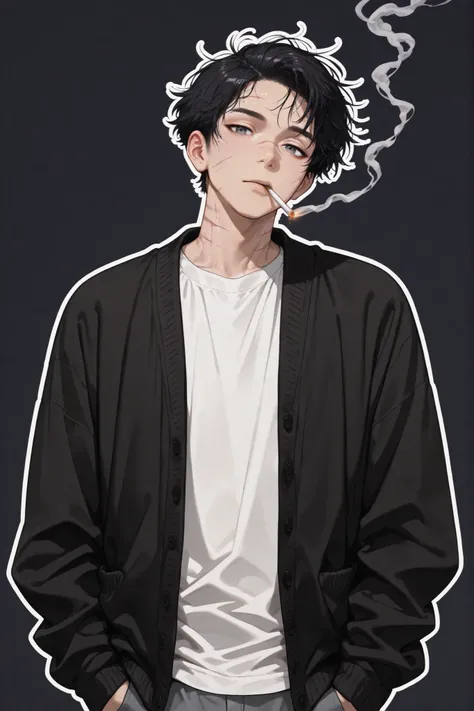 (masterpiece), best quality, expressive eyes, perfect face,1 boy, short hairs, black hairs, grey eyes, looking at viewer, cowboy shot, serious, (( young man, male, short hairs, asian, indian boy)), (( black cardigan, white tshirt, scars on body, wounded, s...