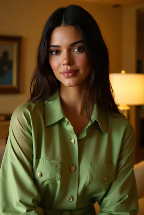 Foto hiperrealista en primer plano de Kendall jenner , masterpiece, best quality, (photorealistic:1.4), full body, (light green luxury long button-up shirt :1.1), living room, cinematic light, beautiful woman, skinny, straight hair, detailed face, smile, p...