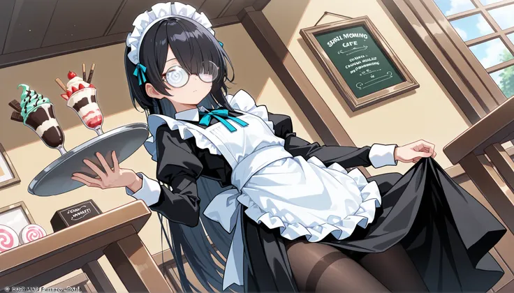 (masterpiece , best quality , high quality ,8k,) solo girl .jitome  round-glasses flat-chests. (black-short-bob-hair. :1.4) (maid-cloth :1.4) long-skirt. tights (hair over one eye, bangs, long bangs, :1.4) Coke-bottle glasses, (Swirl lens:1.1)   ,holding-t...