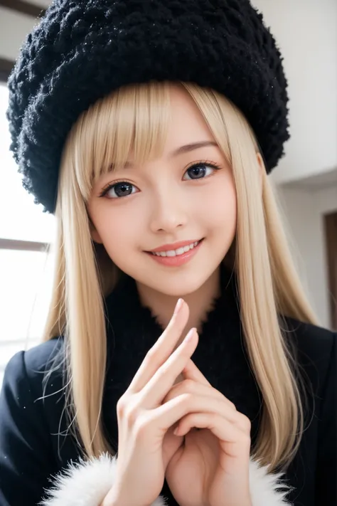 maetel long hair blonde hair, fur trim black headwear fur hat dress, {1girl, beautiful girl, cute, smile, kawaii, lovely, playful expression}, {beautiful detailed hair, blonde hair, very-long hair, straight hair, long bangs}, {beautiful detailed eyes, jewe...