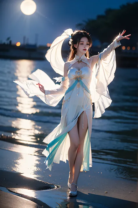 suwen, 1girl, solo, cosplay,hanfu,chinese clothes, necklace, bare shoulders, detached sleeves, long sleeves, detached collar,shoes,hair ornament, hair ribbon, hair flower, jewelry,long hair, brow ,,((full body, from below)), (masterpiece, best quality, ul...