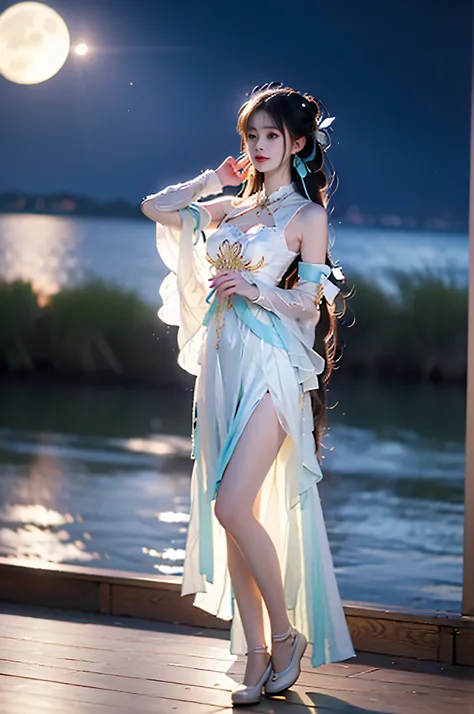 suwen, 1girl, solo, cosplay,hanfu,chinese clothes, necklace, bare shoulders, detached sleeves, long sleeves, detached collar,shoes,hair ornament, hair ribbon, hair flower, jewelry,long hair, brow ,,((full body, from below)), (masterpiece, best quality, ul...