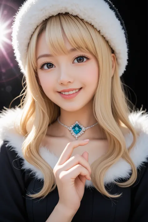 maetel long hair blonde hair, fur trim black headwear fur hat dress, {1girl, beautiful girl, cute, smile, kawaii, lovely, playful expression}, {beautiful detailed hair, blonde hair, very-long hair, straight hair, long bangs}, {beautiful detailed eyes, jewe...