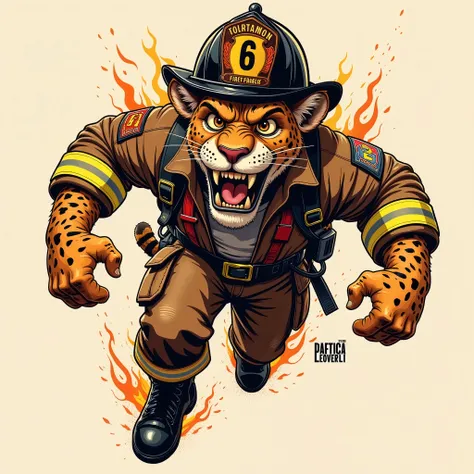 Vector Style, ((comic art)), (cartoon style) a 5, "Vector Style, ((comic art)), (cartoon style) a 5, Vector-style, A flat, cell-shaded vector art logo for a gritty firefighting team  featuring a weathered, rough and tough leopard with a wide, muscular stan...