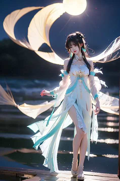 suwen, 1girl, solo, cosplay,hanfu,chinese clothes, necklace, bare shoulders, detached sleeves, long sleeves, detached collar,shoes,hair ornament, hair ribbon, hair flower, jewelry,long hair, brow ,,((full body, from below)), (masterpiece, best quality, ult...