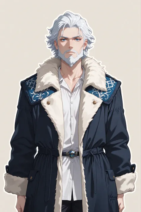(masterpiece), best quality, expressive eyes, perfect face,1 boy, short hairs, white hairs, blue eyes, looking at viewer, cowboy shot, serious, (( young man, male, short hairs, european, norse boy)), (( black and blue fur coat, white shirt, beard)), (((ver...