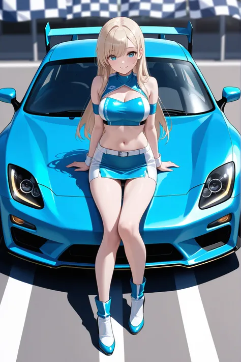 masterpiece, high resolution,4K, very detailed, ultra detailed, full body, long hair, Race Queen, miniskirt,  Car Exhibition, smile,The height of the car is low