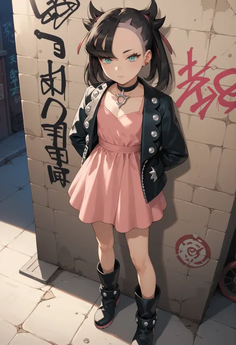 Score_9, score_8_up, score_7_up, score_6_up, source_anime, rating:general, 1girl, Marnie, black hair, twintails, perfect eyes,  aqua eyes, perfect face, pale white skin, flat chest, black jacket, short pink dress boots, slender build, slender legs, dirty a...