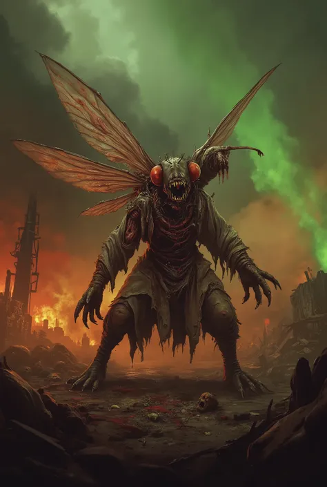 Terrifying anthropomorphic zombie fly in a post-apocalyptic landscape. The creature stands upright, with decaying insect flesh, glowing red compound eyes, torn wings, and sharp, dirty claws. It wears remnants of tattered human clothes and its mandibles dri...