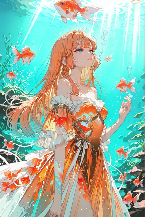 beautiful woman,
elegant goldfish-inspired girl,
underwater setting,
sheer orange chiffon dress,
multiple flowing layers,
goldfish fin-style frills,
transparent and fluttery texture,
strapless or off-shoulder design,
delicate aquatic-themed...