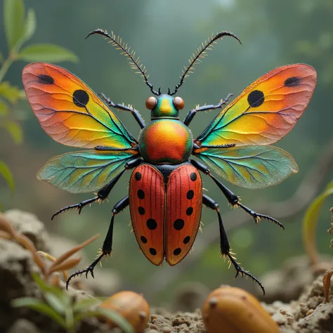Anatomy correct beetle, colourful, in center, not too big, open wings, far away