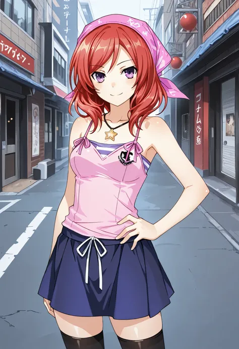Masterpiece, best quality, date a live,standing, cowboy shot,nishikino maki,bandana,camisole, tube top, star necklace, black thighhighs, skirt,zettai_ryouiki, japan streets, looking at viewer,solo, smile,hand on hip, lively image