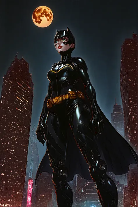 batman girl, bethwoman, green eyes ,  looks up at the sky  ,High detail, 4k, Photorealistic, fantastic, gothic, dark, female figure in batman costume, dark hair, Blue eyes, threatening facial expression, compound suit with helmet, cape and gloves,  city at...