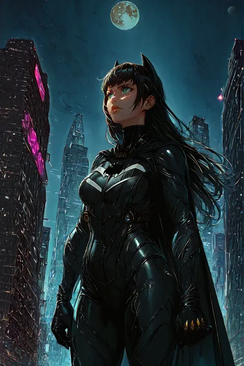 batman girl, bethwoman, green eyes ,  looks up at the sky  ,High detail, 4k, Photorealistic, fantastic, gothic, dark, female figure in batman costume, dark hair, Blue eyes, threatening facial expression, compound suit with helmet, cape and gloves,  city at...