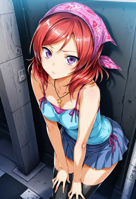 Masterpiece, best quality, hisasi,standing, cowboy shot,nishikino maki,bandana,camisole, tube top, star necklace, black thighhighs, skirt,zettai_ryouiki, japan streets, looking at viewer,solo, on knees, lively image