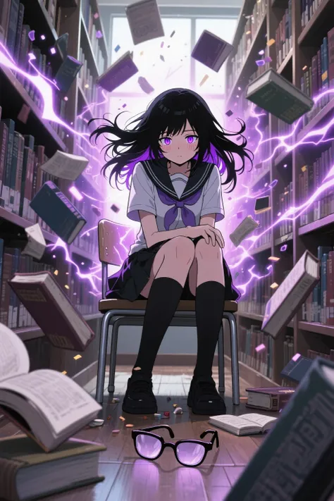 a shy japanese high school girl with long black hair, sitting in a library, her glasses have fallen to the floor, her eyes glowing intense purple, her hair floating wildly from energy, books flying around her from telekinetic aura, cinematic lighting, energy burst effects, magical particles, emotional intensity, manga style, dynamic composition, ultra detailed, anime cinematic scene, Mob Psycho 100 style + Jujutsu Kaisen vibe