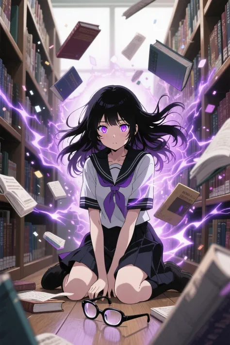 a shy japanese high school girl with long black hair, sitting in a library, her glasses have fallen to the floor, her eyes glowing intense purple, her hair floating wildly from energy, books flying around her from telekinetic aura, cinematic lighting, energy burst effects, magical particles, emotional intensity, manga style, dynamic composition, ultra detailed, anime cinematic scene, Mob Psycho 100 style + Jujutsu Kaisen vibe
