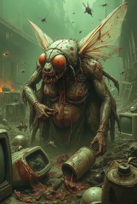 Close-up of a terrifyingly obese anthropomorphic zombie fly in a post-apocalyptic junkyard. Its bloated body is covered in oozing sores and rotting flesh, with huge, bulging red eyes and torn wings barely able to flap. It stands among overflowing trash pil...