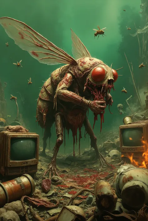Close-up of a terrifyingly obese anthropomorphic zombie fly in a post-apocalyptic junkyard. Its bloated body is covered in oozing sores and rotting flesh, with huge, bulging red eyes and torn wings barely able to flap. It stands among overflowing trash pil...