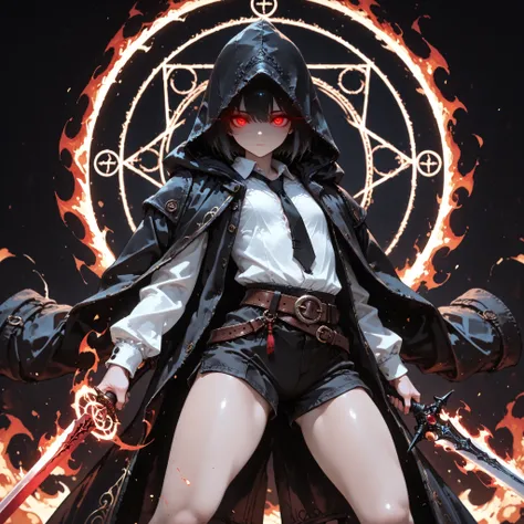 ((best quality)), ((masterpieces)), (detailed), perfect face, SOLO, ((((femboy)))), tomgirl, ANIME, beautiful detailed eyes, BOB hair, BOBed hair, BLACK hair, RED EYES, expressionless, hooded, Magical Eyes, dark background, ((BLACK HOODED coat draped over ...