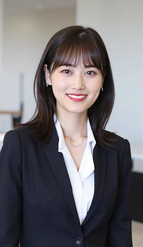 Neat Young Woman、and look at the camera、office lady suit、jacket、shirt、necklace、ear piercing、 、、smile showing teeth、、background is office