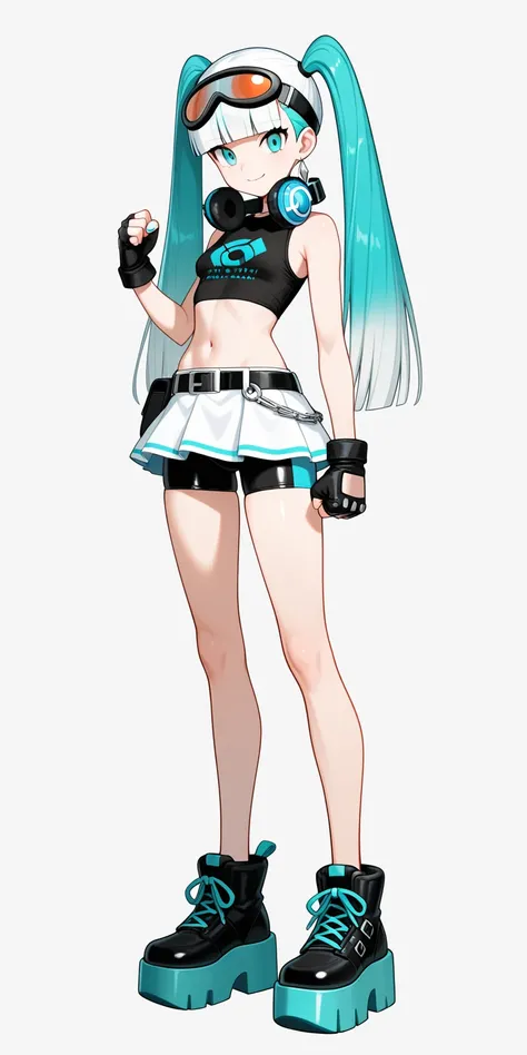 masterpiece,best quality,amazing quality,(pokemon_style),(ultra details),(anatomically correct),solo,1girl,beautiful girl,full body front,slim body,very long legs,beautiful legs,slender legs,uncovered legs,beautiful skin,beautiful eyes,beautiful face,no socks,no stockings,silver earrings,gradient hair,white hair,aqua hair,straight hair,high twintails,blunt bangs,aqua eyes,headphones around your neck,goggles on the head,black shirts with sleeveless,cropped shirts,midriff,wear a black belt,white miniskirt,bike shorts,bike shorts under miniskirt,black gloves,fighting gloves,fingerless gloves,fist,(black leather sneakers,chunky platform shoes,aqua laces),looking at viewer,standing straight,closed mouth,smiling,simple white background