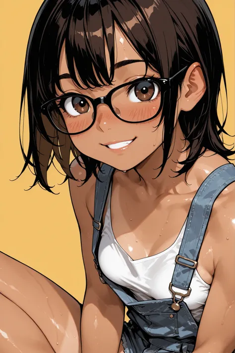 1girl,Super Detailed,absolute resolution,(dynamic angles),portrait,pinup,(tanned skin:0.5),(tanlines:0.4),white tight tank top,denim overall shorts,Bare Foot,black-framed eyewear,detailed and beautiful face and eyes,dark brown big eyes,(Bulbous Nose:0.3),J...