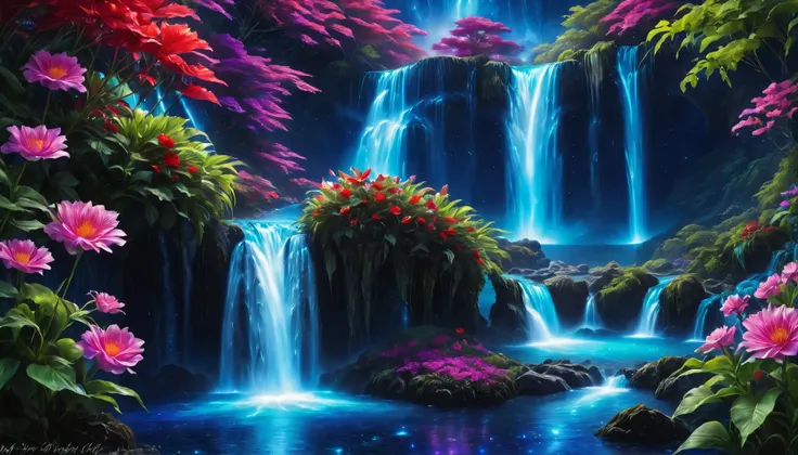 Shiny purple |Pink|turquoise green |Cobalt Blue|blue waterfall amongst strange magic flowers, At night, glowing fairy lights , magic, High quality fairyland waterfall, Realistic Water, ripple, 8k,(and a mysterious and majestic waterfall that can be seen...