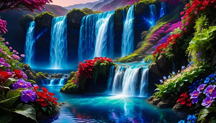 Shiny purple |Pink|turquoise green |Cobalt Blue|blue waterfall amongst strange magic flowers, At night, glowing fairy lights , magic, High quality fairyland waterfall, Realistic Water, ripple, 8k,(and a mysterious and majestic waterfall that can be seen b...
