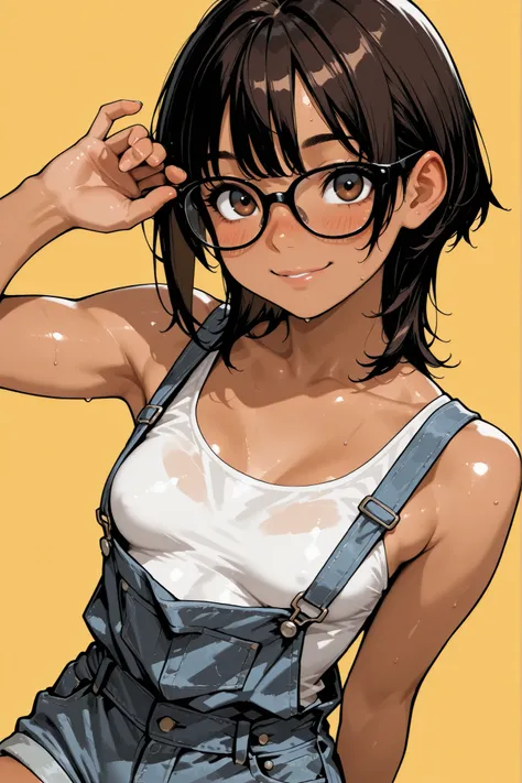 1girl,Super Detailed,absolute resolution,(dynamic angles),portrait,pinup,(tanned skin:0.5),(tanlines:0.4),white tight tank top,denim overall shorts,Bare Foot,black-framed eyewear,hand on eyewear,detailed and beautiful face and eyes,dark brown big eyes,(Bul...