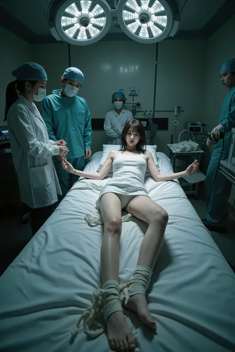 ((Realistic image)), Asian woman in the 1990s, Age 25, large  lying on the bed, spread your arms, legs open in the shape of an X., In confinement, bound legs, , found tied up in the operating room, surrounded by doctors with legs open in the shape of an X,...