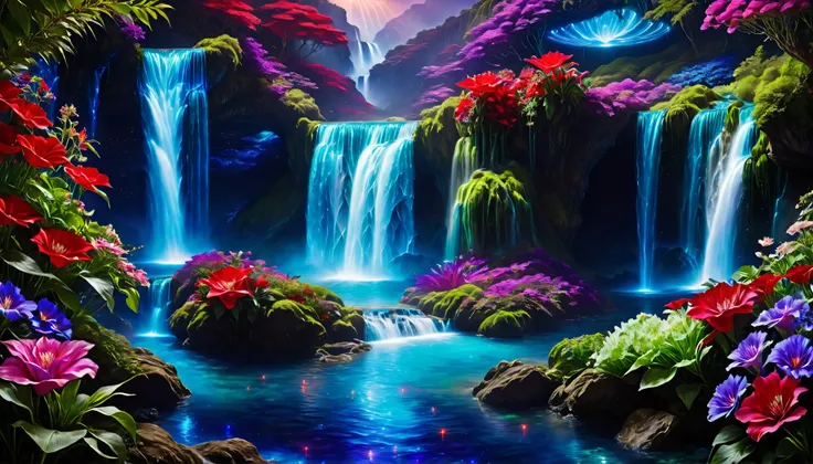 Shiny purple |Pink|turquoise green |Cobalt Blue|blue waterfall amongst strange magic flowers, At night, glowing fairy lights , magic, High quality fairyland waterfall, Realistic Water, ripple, 8k,(and a mysterious and majestic waterfall that can be seen b...