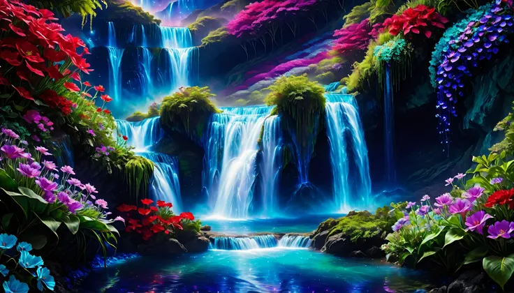Shiny purple |Pink|turquoise green |Cobalt Blue|blue waterfall amongst strange magic flowers, At night, glowing fairy lights , magic, High quality fairyland waterfall, Realistic Water, ripple, 8k,(and a mysterious and majestic waterfall that can be seen b...