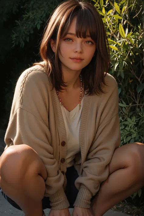 squatSquat, squat Heel, gorgeous adult woman, long dark brown hair, bangs, perfect eyes, soft light, high quality, 4k resolution, casual clothes, bead necklace, knit cardigan, looking at viewer,