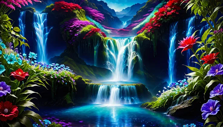 Shiny purple |Pink|turquoise green |Cobalt Blue|blue waterfall amongst strange magic flowers, At night, glowing fairy lights , magic, High quality fairyland waterfall, Realistic Water, ripple, 8k,(and a mysterious and majestic waterfall that can be seen b...