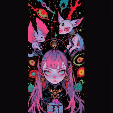1girl\(cute,chibi, Adult, cute,small ,pink hair with long n sleeves,detailed pupils, Wear a dress\(Alice in Wonderland\), white mouth girl , (  cosmic red eye  ),mouse ears droopy\(cute earrings\),cute collar,big eyes,smile,eat cake,cute pose,,covered in f...