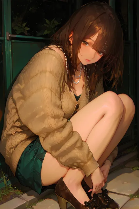 squatSquat, squat Heel, gorgeous adult woman, long dark brown hair, bangs, perfect eyes, soft light, high quality, 4k resolution, casual clothes, bead necklace, knit cardigan, looking at viewer,