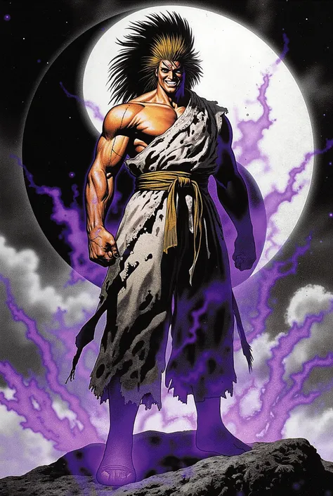 A young man, dense black-gold long hair, standing tall with upright hair, a majestic countenance, confident gaze, a scar under the eyes, a hearty smile, a fantasy-realistic tattered half-length martial arts outfit, short-sleeved, open-front robe revealing ...