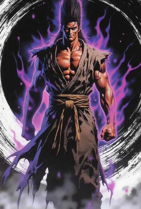 A young man, dense black-gold long hair, standing tall with upright hair, a majestic countenance, confident gaze, a scar under the eyes, a hearty smile, a fantasy-realistic tattered half-length martial arts outfit, short-sleeved, open-front robe revealing ...