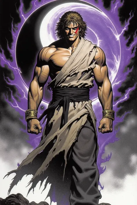 A young man, dense black-gold long hair, standing upright hair, a majestic countenance, confident gaze, a scar under the eyes, a hearty smile, a fantasy-realistic tattered half-length martial arts outfit, short-sleeved, open-front robe revealing muscular p...