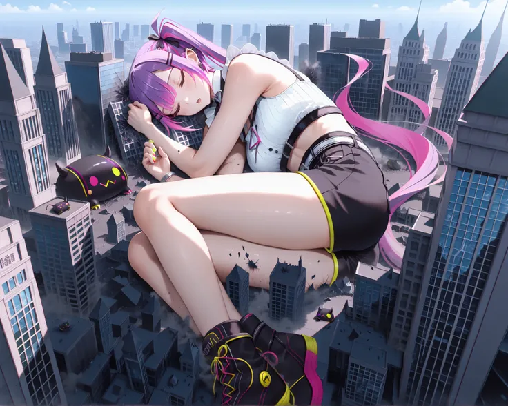masterpiece, best quality, great quality, very detailed,"Tokoyami Towa " are sleeping in each other's arms, The gigantic "Tokoyami Towa " towering higher than any building, Miniature cities, ruined miniature cities,Densely packed buildings, Destroying bui...
