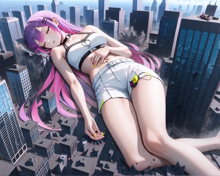 masterpiece, best quality, great quality, very detailed,"Tokoyami Towa " are sleeping in each other's arms, The gigantic "Tokoyami Towa "  towering higher than any building, Miniature cities, ruined miniature cities,Densely packed buildings, Destroying bui...